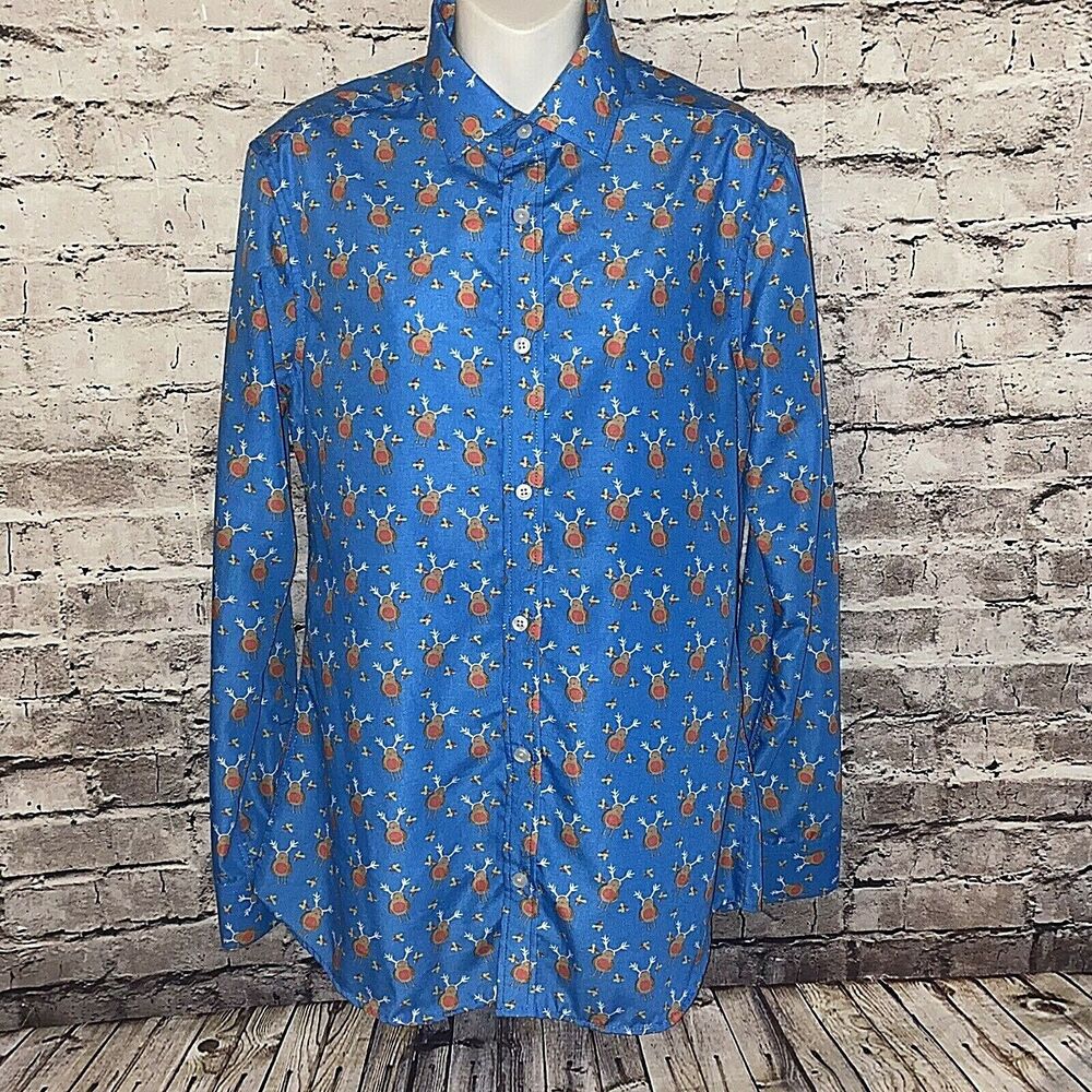 Simon Banks Men’s S Blue Reindeer Christmas Button Shirt Holiday Cotton B18